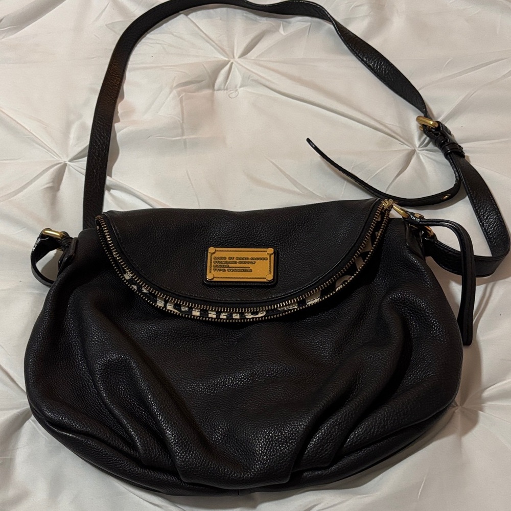 Marc Jacobs Black Leather Shoulder Bag with Gold Accents